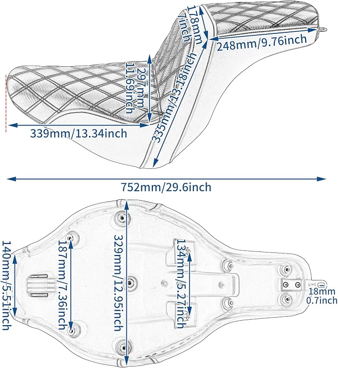 One-Piece Driver Passenger Seat Motorcycle 2-Up Seat Fit for Harley Sport Glide FLSB Low Rider FXLR FXLRS FXLRST 2018-later (Blue Stitching)