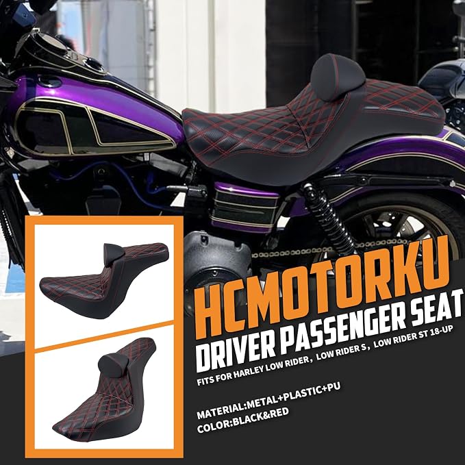Motorcycles Driver Passenger Seat Cushion Pad One-Piece Seat Leather Pillion with Driver Backrest Fit for Harley Low Rider FXLR FXLRS Sport Glide FLSB 2018-2024 (Red Stitching)