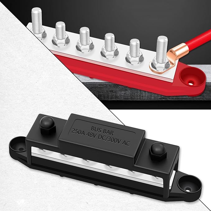250A 12V Bus Bar Marine, 1/4" Power Distribution Block, Battery Buss Bar, Automotive Busbar Terminal Block for Car and Boat, 6 x 1/4"(M6) Studs (Black+Red)