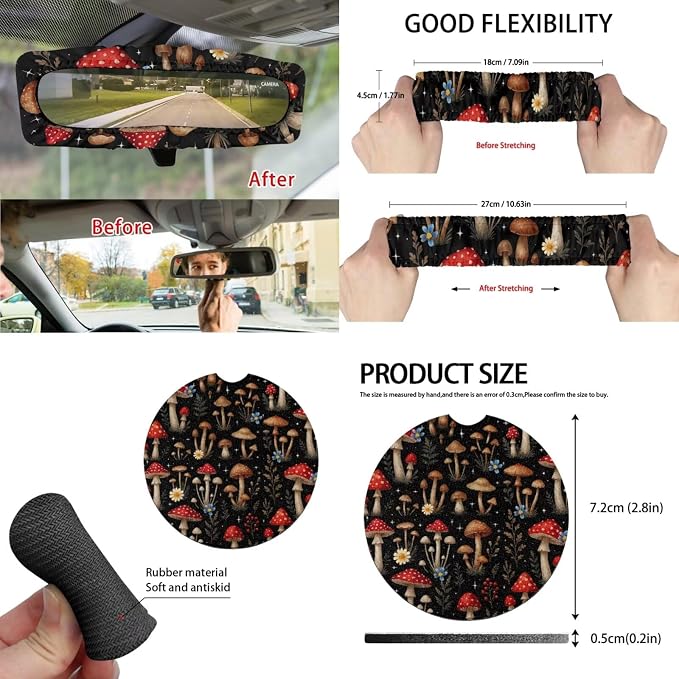 15 Pcs Mushroom Auto Interior Accessories Car Seat Covers with Auto Steering Wheel Cover Seat Belt Covers Car Trash Can View Mirror Cover Coaster Keychains