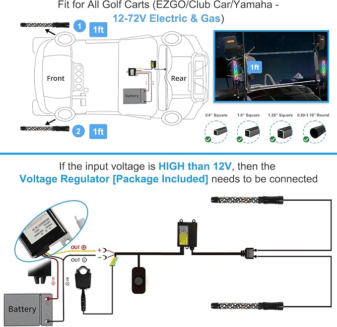 2 Pack 1FT Golf Cart Front Rail Whip Lights, LED Light Bluetooth App & Remote Control, Spiral RGB Music Chasing Lighted with Turn Reverse Brake Signal for 36V/48V/72V (Included DC Converter)