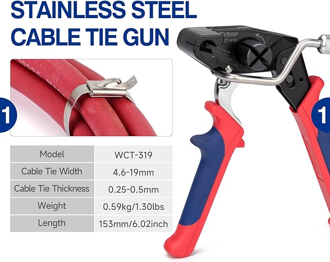 IWISS WCT-319 Stainless Steel Banding Strap Tool for Fastening & Cutting up to 19mm SS Zip Ties, c/w 100pcs SS Zip Ties & Cable Tie Removal Tool
