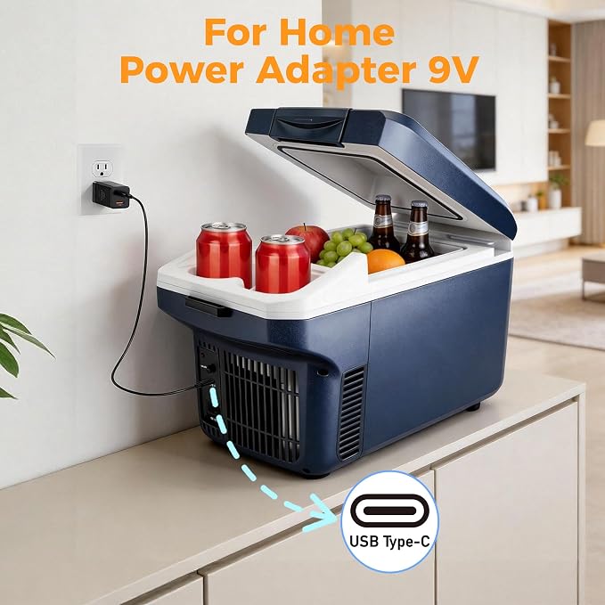 Iceblue Electric Cooler with Type-C, 8 Liter /11 Cans Mini Fridge with Belt, 9V Type-C Thermoelectric Dual-use Car Refrigerator, Car Fridge for Car, Dorm, Travel, Picnic, Gift - Blue