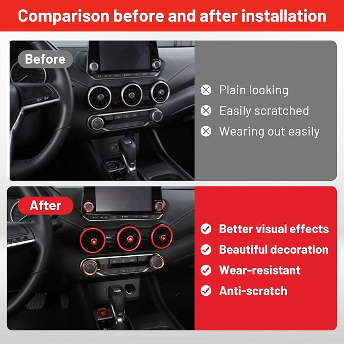 Interior Decoration Accessories for Nissan Sentra (2020-2025) - 12-Pieces Aluminum Alloy Ring Knob Cover Trim, Fits Push Start, A/C, Air Vent, & Volume Tune, 12PCS Set, Red