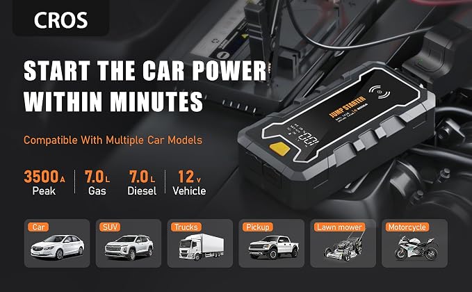 Cros 3500A Car Battery Jump Starter, 24000mAh Battery Booster Pack with Wireless Charger, 12V Portable Jump Box Jumper Starter for Up to 9.0L Gas & 7.0L Diesel Engines, Power Bank & LED Flashlight