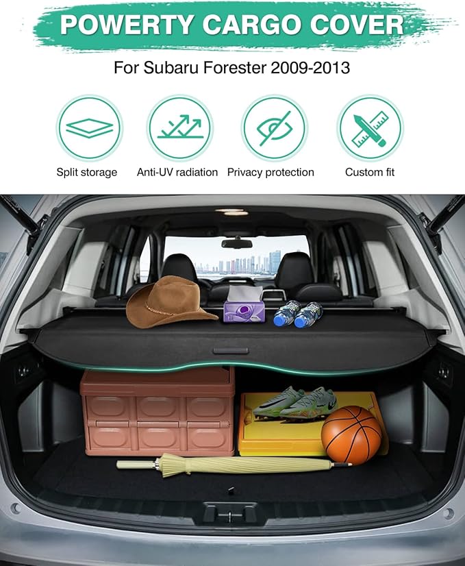 Powerty Cargo Cover for Subaru Forester 2009-2013(Manual Rear Gate), Retractable Trunk Cover Rear Trunk Security Cover for 2009-2013 Forester Accessories Shielding Shade Black No Gap