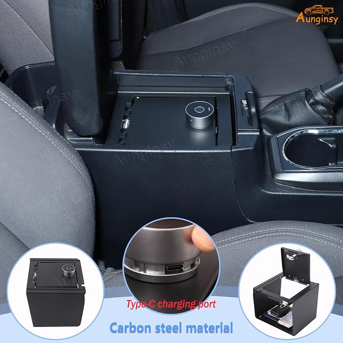 Aunginsy Center Console Lock Safe Box Compatible with Toyota Tacoma 2016-2023, Car Anti-Theft High Security Armrest Lock Box Storage Organizer Tray Vault with Biometric Fingerprint Lock Accessories
