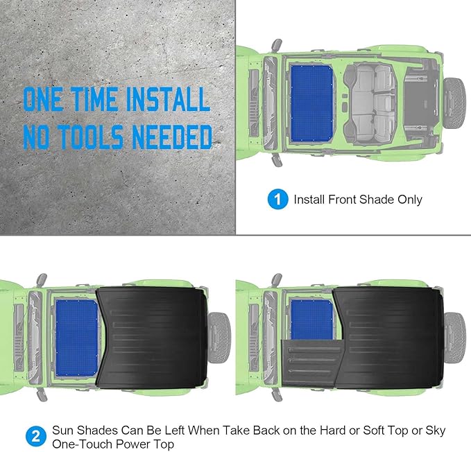 JT JL Top Sun Shade Roof Compatible with Jeep Wrangler and Gladiator 2 or 4 Door 2018 to 2023 Sunshade Sunroof Blocks UV Wind Noise Blue Mesh for Front