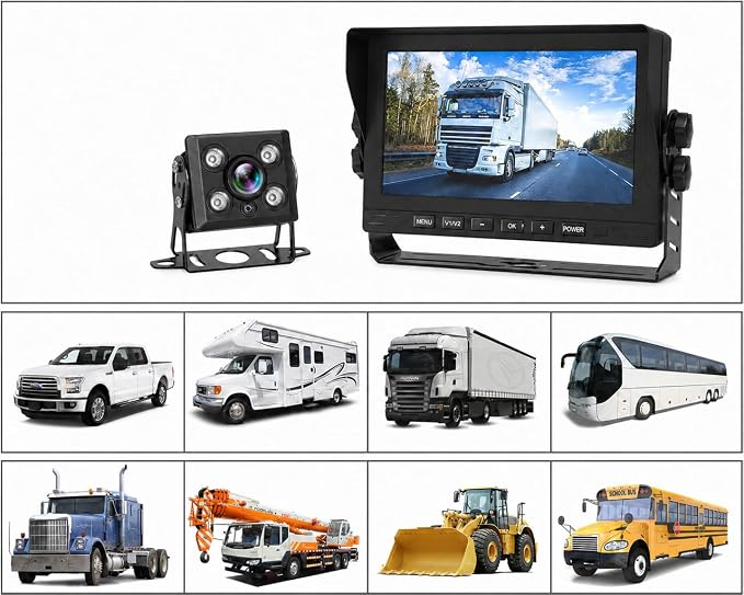 7-Inch HD 1080P Wired Backup Camera System – IP69 Waterproof Night Vision Camera + 43ft Extension Cable – for RV Truck Trailer Tractor Heavy Equipment – Plug and Play (Monitor + 1 Camera)