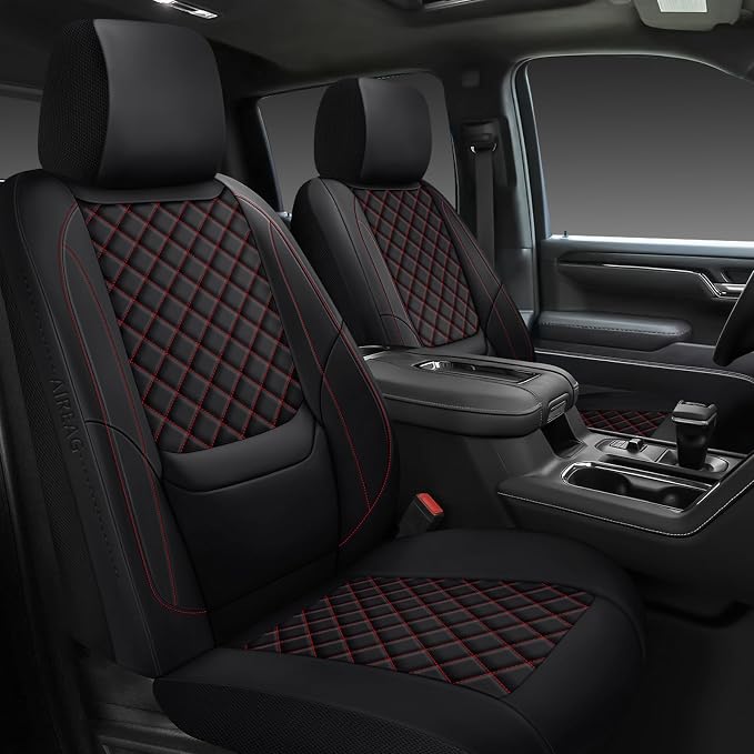 Silverado Seat Covers 2019-2026 Front Pair, Truck Interior Sets Custom Fit for Chevy Chevrolet Silverado GMC Sierra 1500/2500/3500HD Crew/Double/Extended Cab with Lumbar Support, Black Red