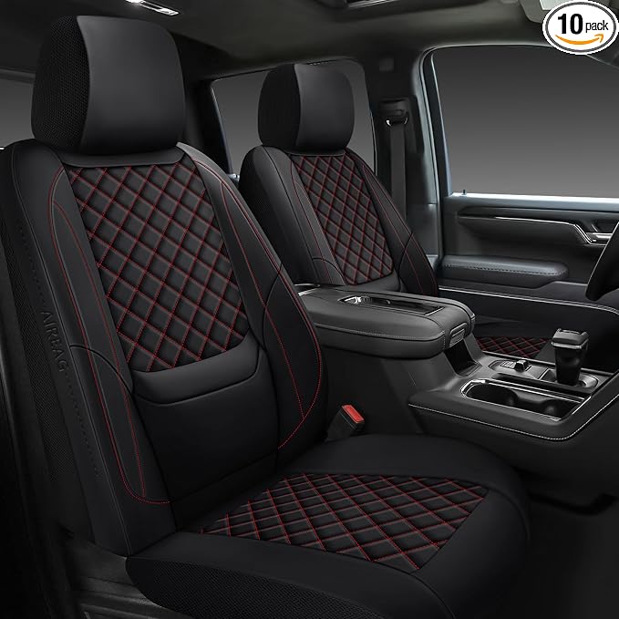 Silverado Seat Covers 2007-2026 Full Set, Truck Interior Sets Custom Fit for Chevy Chevrolet Silverado GMC Sierra 1500/2500/3500HD Crew/Double/Extended Cab with Lumbar Support, Black Red