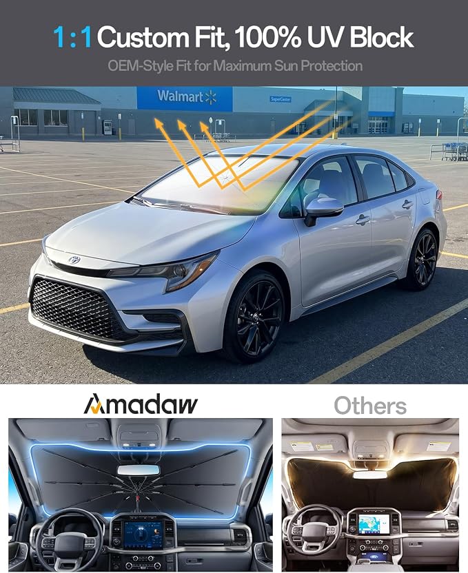 Windshield Sun Shade for Toyota Corolla/Prius 2000–2026, Foldable Umbrella Sunshade with 100% UV Block, Multi-Layer Heat Insulation, Reinforced 10-Rib Frame, Keeps Car Cooler