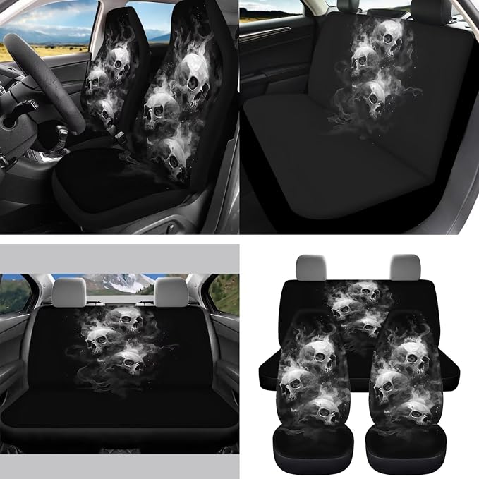 15 Pcs Black Skull Car Seat Covers Full Set for Women Goth Car Accessories Interior Car Steering Wheel Cover Seatbelt Covers Trash Bin Rear View Mirror Cover Cup Holders Keychain