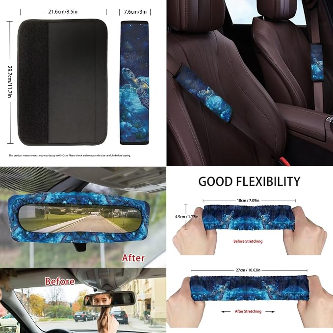 Suobstales Galaxy Turtle Flower Print 13 Pieces Car Accessories with 4 Car Seat Covers 1 Steering Wheel Cover 1 Trash Can 2 Seatbelt Cover 2 Coaster 1 Rearview Mirror Cover 2 Keychains Universal Fit