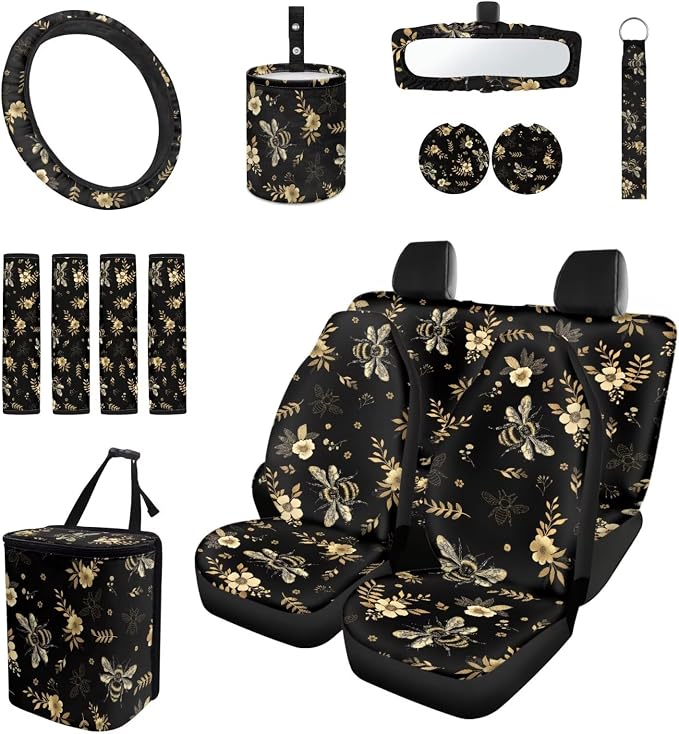 Floral Bee Auto Interior Accessories Car Seat Covers with Auto Steering Wheel Cover Seat Belt Covers Car Trash Can View Mirror Cover Coaster Keychains