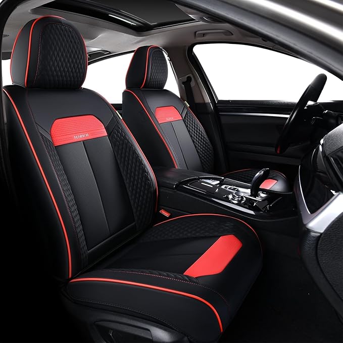 FLORICH Car Seat Covers Front Set, Breathable Premium Leather Seat Covers, Automotive Vehicle Seat Covers for Cars Trucks Vans SUVs Sedans (Dark red line)
