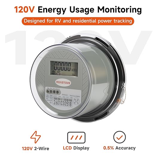 120V Digital Electric Meter, 2 Wire KWH Watt Meter for RV & Home, LCD Energy Usage Monitor, 0.5 Accuracy, Easy-to-Read Power Consumption Meter