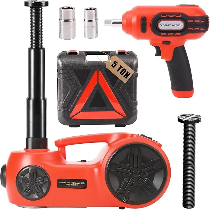ROGTZ Upgraded Electric Hydraulic Car Jack Kit 5 Ton 12V Portable Lift Range 20.9 Inch with Impact Wrench and Tire Inflator Pump for SUV Sedan Truck Repair Floor Jack for Tire Change with LED Light