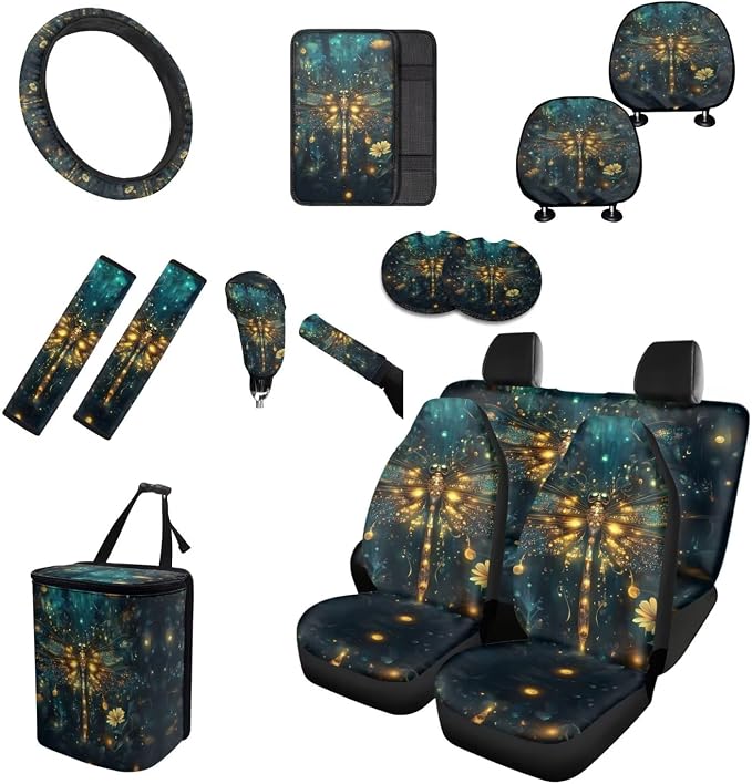 Green Dragonfly Car Seat Covers Full Set for Women,Turtle Steering Wheel Cover Seat Belt Cover Pad Cup Car Coasters Trash Can Car Headrest Pillow Covers Armrest Pad,15 Pcs Set