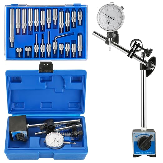 DASBET Dial Indicator with Magnetic Base Holder, Magnetic Dial Indicator Base Holder Fine Adjustable Long Arm 0-10mm Measuring Range Tester Gage Metric Dial Test Indicator Professional Gauge 0.01mm