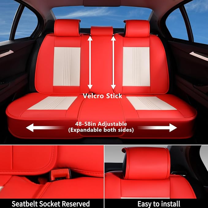 Coverado Seat Covers Full Set, Leather Car Seat Cover, Waterproof Car Seat Protector, Automotive Seat Covers Car Seat Cushion Universal Fit for Most Cars, Red&White