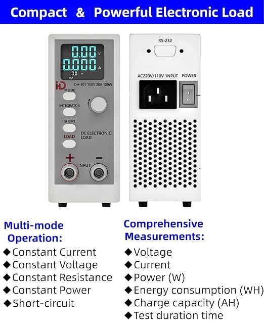 Programmable DC Electronic Load 120W, 0~150V, 0~20A, 0.1~999.9 ohm,Support CC(Constant Current), CV(Constant Voltage), CR (Constant Resistance), CP(Constant Power) Mode