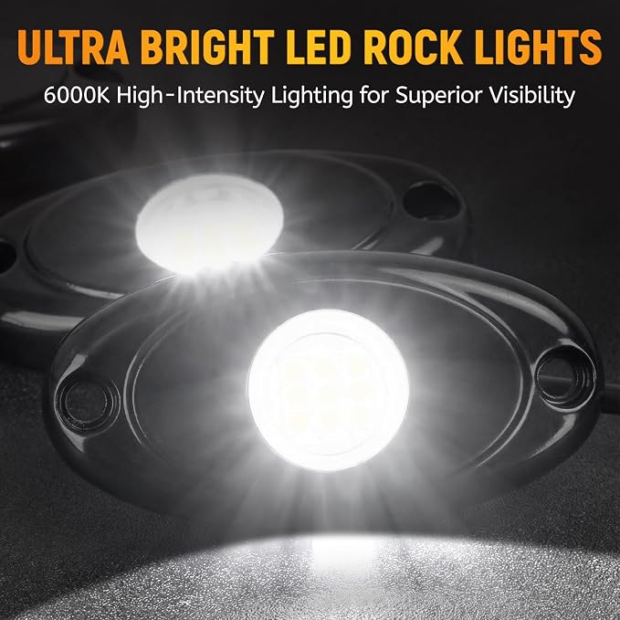YONEDA 24 Pods White Rock Lights 6000K 9LED Bright LED Underglow Lights IP68 Waterproof for Trucks SUV UTV ATV RZR Car Boats Pickup Motorcycle with 39.37ft Extension Wire