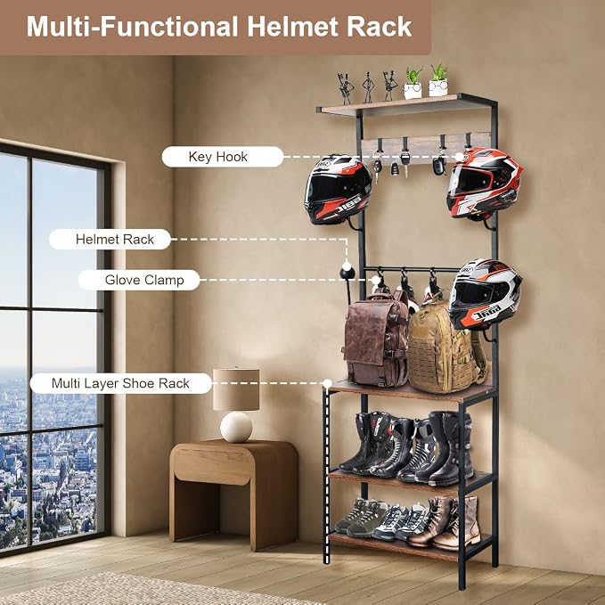 Motorcycle Helmet Holder, Floor Mounted Stand Helmet Holder with 4 Helmet Rack, 4 Glove Chips and 4 Hooks, Rustic Motorcycle Helmet Rack for Motorcycle