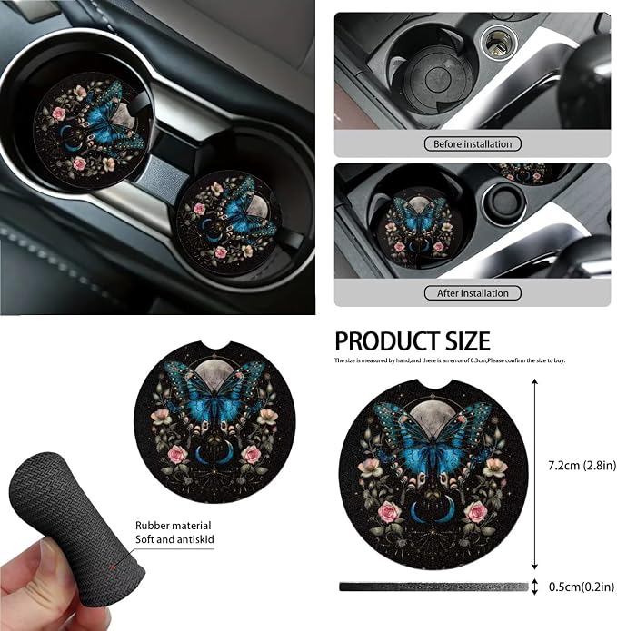 Butterfly Rose Moon Flower Pattern Car Accessories Set of 15, Full Set Seats Covers, Auto Streering Wheel Cover Trash Bin, Seat Belt Cover Keychain Coasters Air Vent Storage Bag
