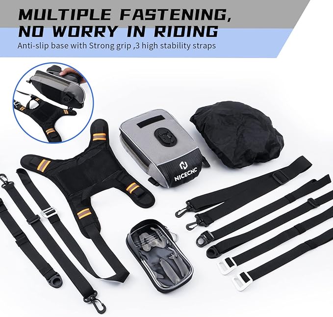 NICECNC Motorcycle Gas Tank Bag, Detachable Anti-Slip Base Portable, 5 Reinforced Straps, Motorcycle Leg Waist Bag Storage Bag Universal for Men Women Cycling Hiking Running Adventure Dual Sport