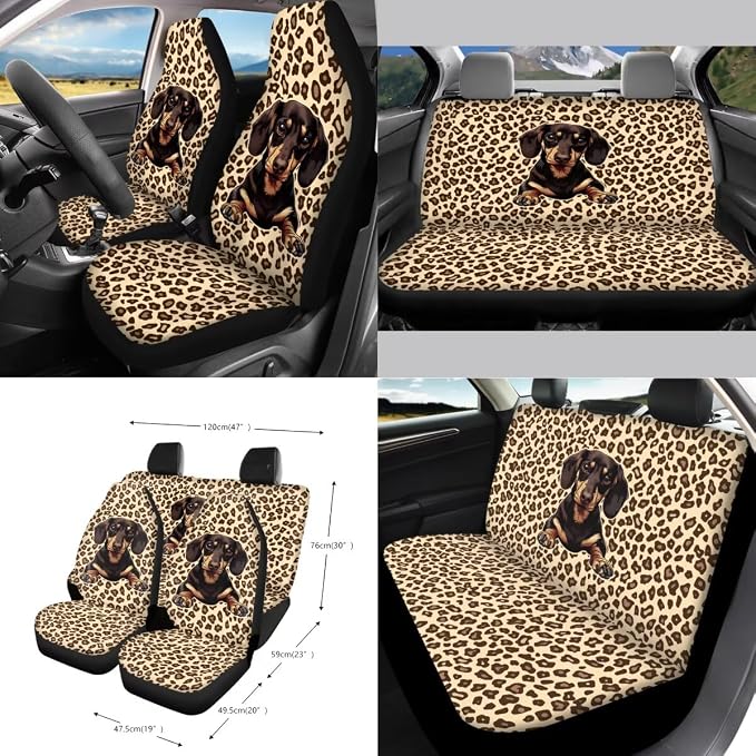 Leopard Dachshund Print Car Accessories Full Set of 15 Car Seat Covers Steering Wheel Cover Air Vent Storage Holder Seatbelt Strap Pad Cup Coasters Rear View Mirror Cover Keychain