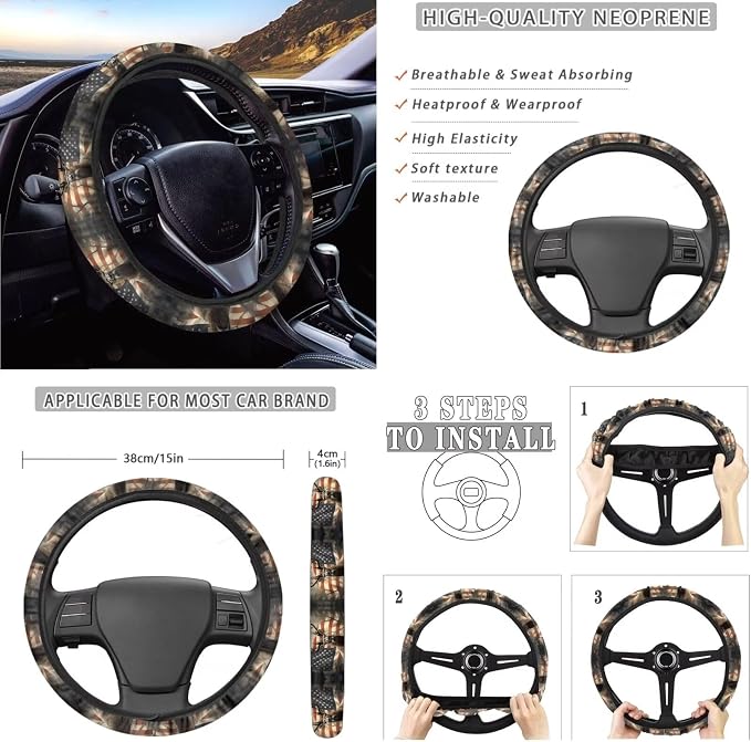 Deer American Flag Print 10 Pieces Car Accessories Sets Wear-Resistan Front Rear Bench Bucket Seat Cover Steering Wheel Cover Car Garbage Can Air Vent Pouch Coaster Keychain Vehicle Interior
