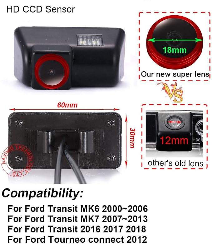 Super HD 1280x720 Pixels 1000 TV Lines car Back up Camera Reverse Parking Rear View License Plate Light Vehicle Camera for Ford Transit MK6(2000-2006) Ford MK7(2007-2013) Tourneo Connect 2012