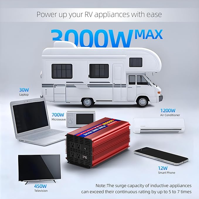 3000W 24V Pure Sine Wave Inverter, 24V DC to 110V/120V AC Power Inverter for RV、Off Grid、Truck、Power Outage with 4 AC outlets and LCD Display