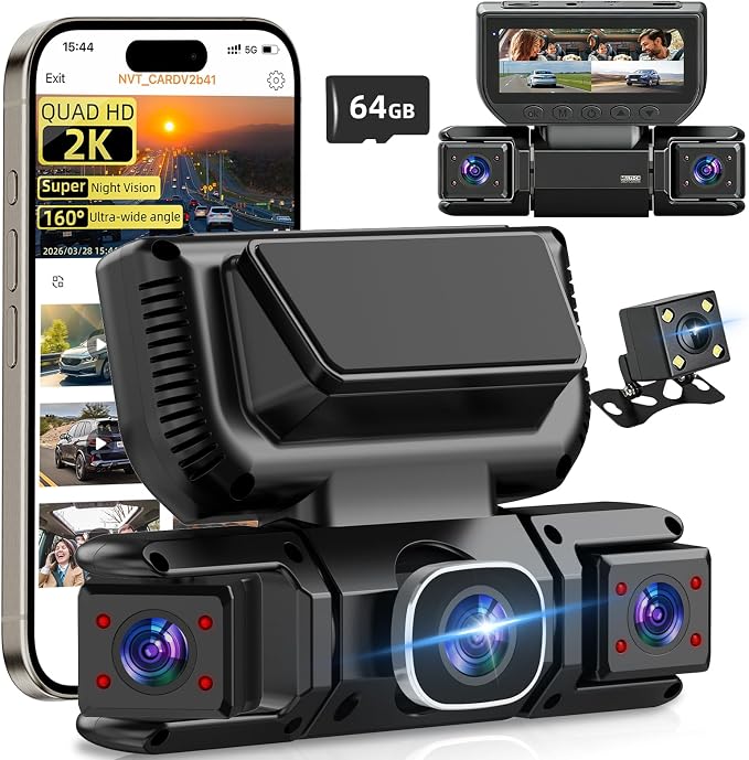 W6 4 Channel Dash Cam 360° Recording Dash Cam for Cars 2K Front + 1080P Rear & Side Cameras 5GHz WiFi & App Control, Night Vision, G-Sensor, Parking Monitor, 64GB SD Card Included