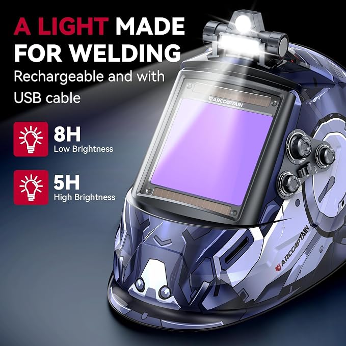 ARCCAPTAIN Large View 3.94" x 3.66" True Color Auto Darkening Welding Helmet with Light, Solar Powered Welding Hood, 4 Arc Sensor Wide Shade 4/5-9/9-13 for Stick MIG TIG Cut, ST