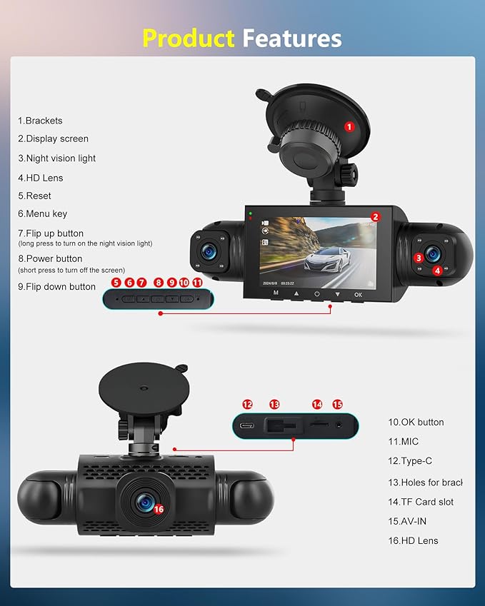 3" 4 Channel Mirror Dash Cam Front and Rear Inside Left Right 1080P Dash Camera with G-Sensor Motion Detection 8 IR Lamps Night Vision Loop Recording Parking Assistance Exposure Compensation
