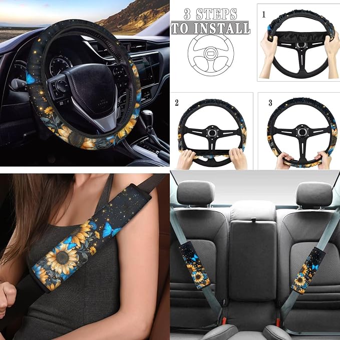Tupalatus Sunflower Butterfly 9 Pcs Car Seat Covers Front Seats Steering Wheel Cover Auto Seat Belt Cover Gear Shift Cover Hand Brake Cover Coasters for Cup Holders Universal Fit Car Accessories