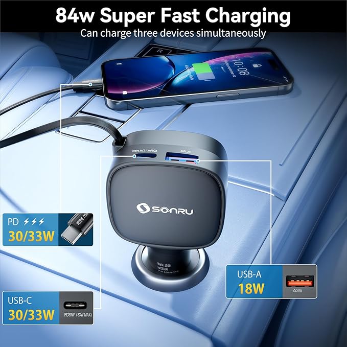 Retractable Fast Car Charger, 84W Max USB C Car Phone Charger Fast Charging, Cigarette Lighter Adapter with Built-in Retractable 31.5 inch Cable for iPhone15/16/17, Samsung, Android