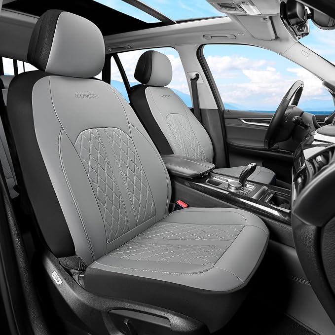 Coverado Universal Leather Seat Covers Full Set for 5 Seats – Waterproof, Durable All-Weather Protector for SUV, Pickup Truck, Sedan, Gray