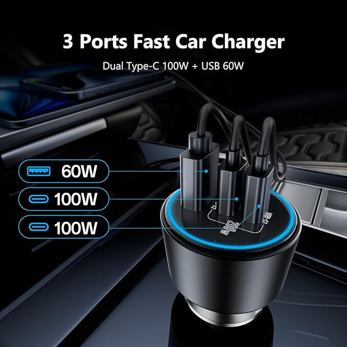 ROADRESS 200W Super Fast Car Charger for iPhone 16/15 Pro Max, 3-Port USB C Car Charger Adapter with 2×100W USB C to C Cables, PD3.0/QC4.0, 12V-24V Vehicle Compatible, LED Light & Overheat Protection