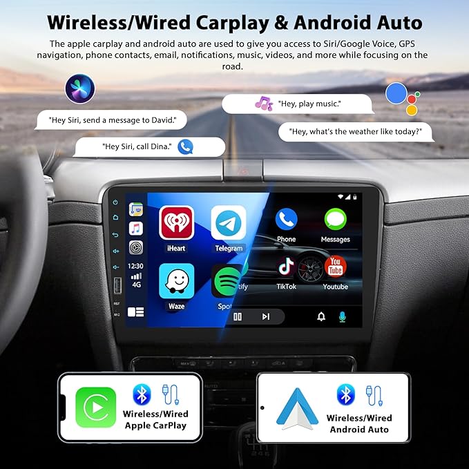 Inefala 9" Wireless Carplay Car Stereo Single Din Touchscreen Radio Android Auto, Mirror Link, Bluetooth, FM, EQ, SWC, Car Audio Receiver Support USB Phone Charging DVR, with Backup Camera Mic