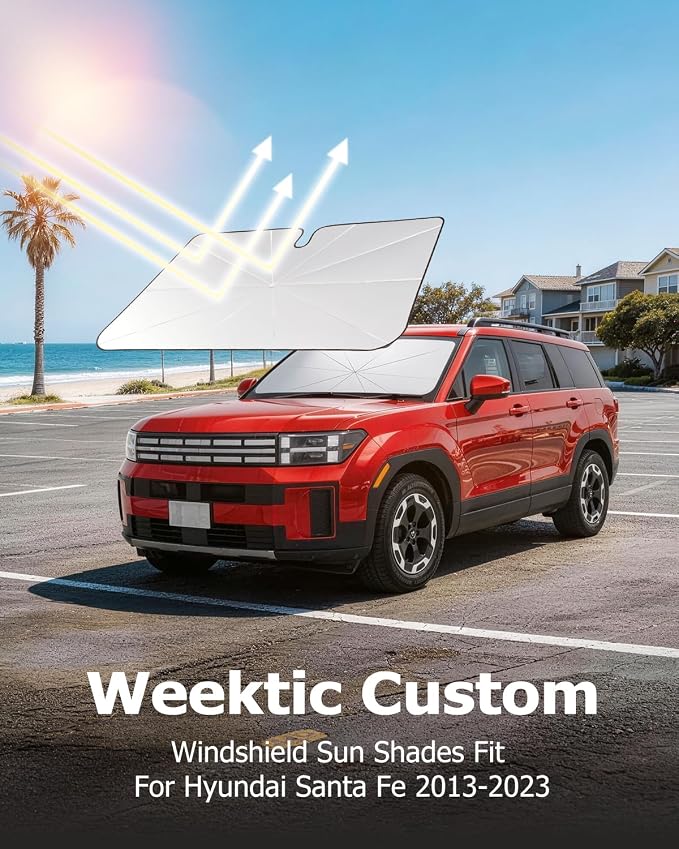 Weektic Custom Windshield Sun Shade Umbrella for Hyundai Santa Fe 2013-2023, [Double Thickened Ice Crystal Coating] Sun & Heat Protection, Keep Vehicle Cool & Protect Interior