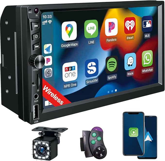 Wireless Double Din Car Stereo Works with Apple Carplay,7 Inch HD 1024 * 600 Touchscreen with Bluetooth 5.1,FM Car Radio,GPS Navigation,Backup Camera,Android Auto,Voice Control,USB/AUX/TF/SWC