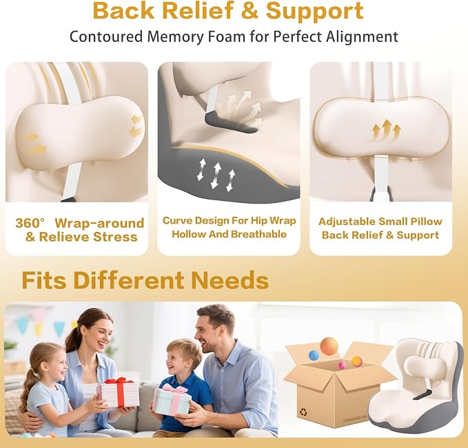 Office Chair Cushion with Adjustable Lumbar Support Pillow, Ergonomic Memory Foam Seat Cushion for Desk Chair, Tailbone Pressure Relief Cushion with Back Support Pillow for Car Seat