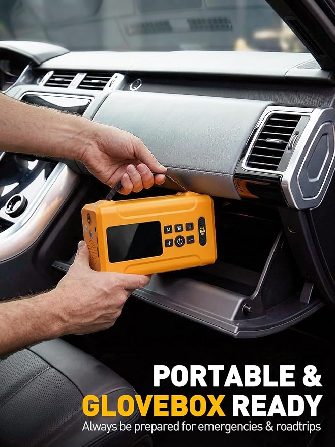 Tire Inflator Portable Air Compressor 160 PSI Air Pump for Car Tires 6000 mAh & 12V DC Powered Fast 24L/min, Digital Tire Pressure Gauge, LED Lights, 5 Modes Auto Shut-off (Yellow, 6000 mAh)