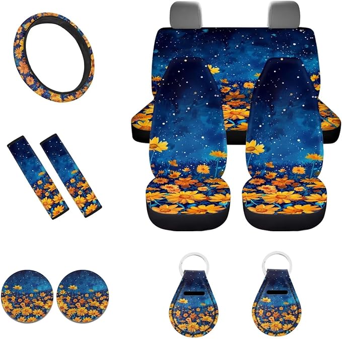 POLERO Galaxy Floral Car Seat Covers Womens Floral Steering Wheel Cover Set 11Pcs Aesthetic Car Interior Accessories with Cute Keyrings