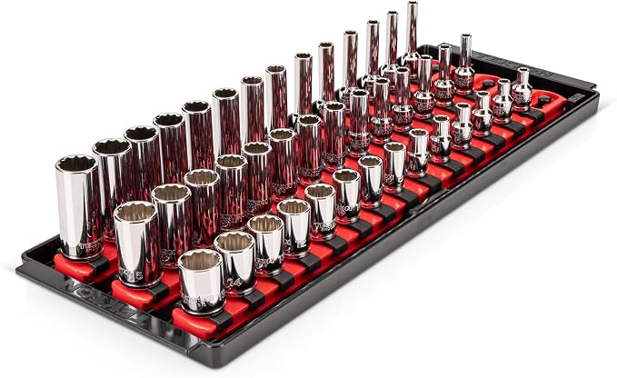 TEKTON 1/4 Inch Drive Shallow, Semi-Deep, and Deep 12-Point Socket Set with Rails and Trays, 42-Piece (4-15 mm) | SHD90122