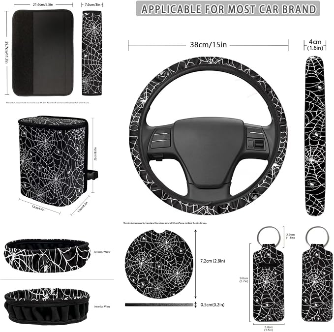 Spider Web 12 Pieces Car Seat Covers Set Easy to Install Car Steering Wheel Cover Car Seat Belt Cover Car Trash Can Removable Automotive Accessories Protector Comfortable