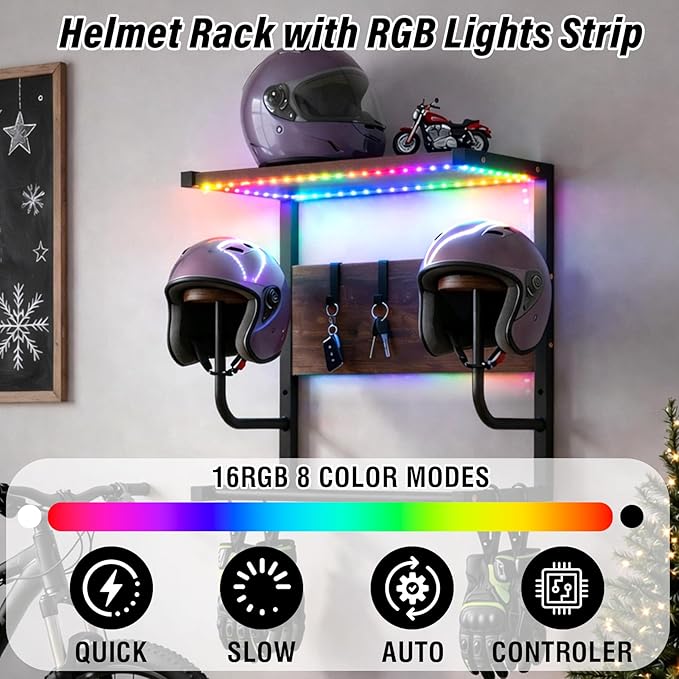 Motorcycle Helmet Rack Wall Mount with Light, Black & Steel Motorcycle Helmet Rack with RGB Light, Waterproof Heavy Duty Helmet Display Shelf for Jackets, Gear & Motorcycle Accessories Storage